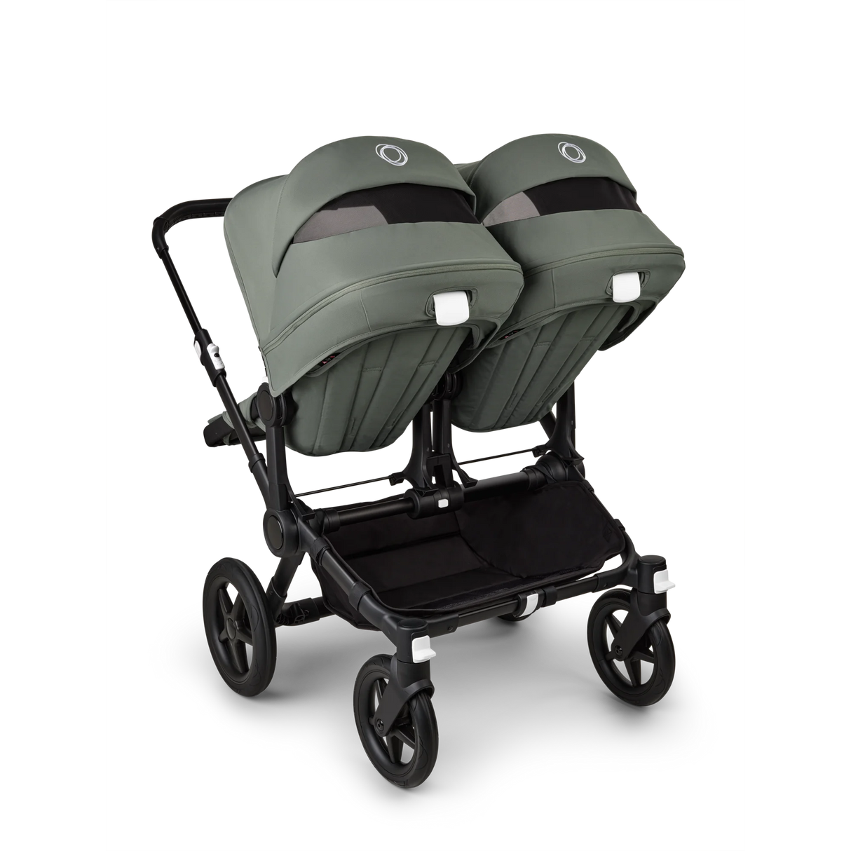Baksidan av barnvagnen Bugaboo Donkey 5 Twin för tvillingar i skogsgrön med två sittdelar
