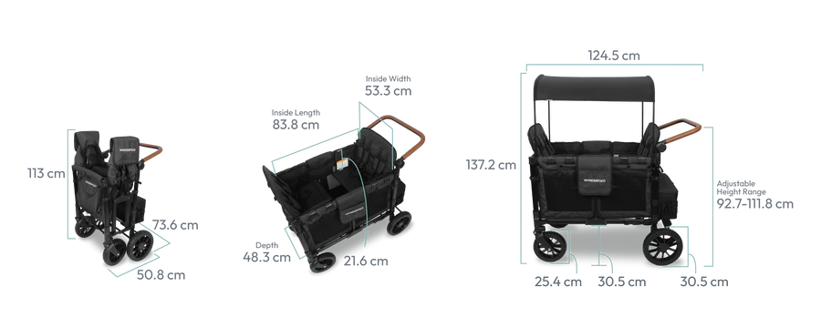 Dimensioner av WonderFold W4 Luxe Stroller Wagon. En 4-sitsig barnvagn med kompakt hopfällning.