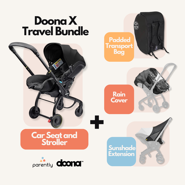 Doona X Travel Bundle – Infant car seat, transport bag, sun canopy and rain cover