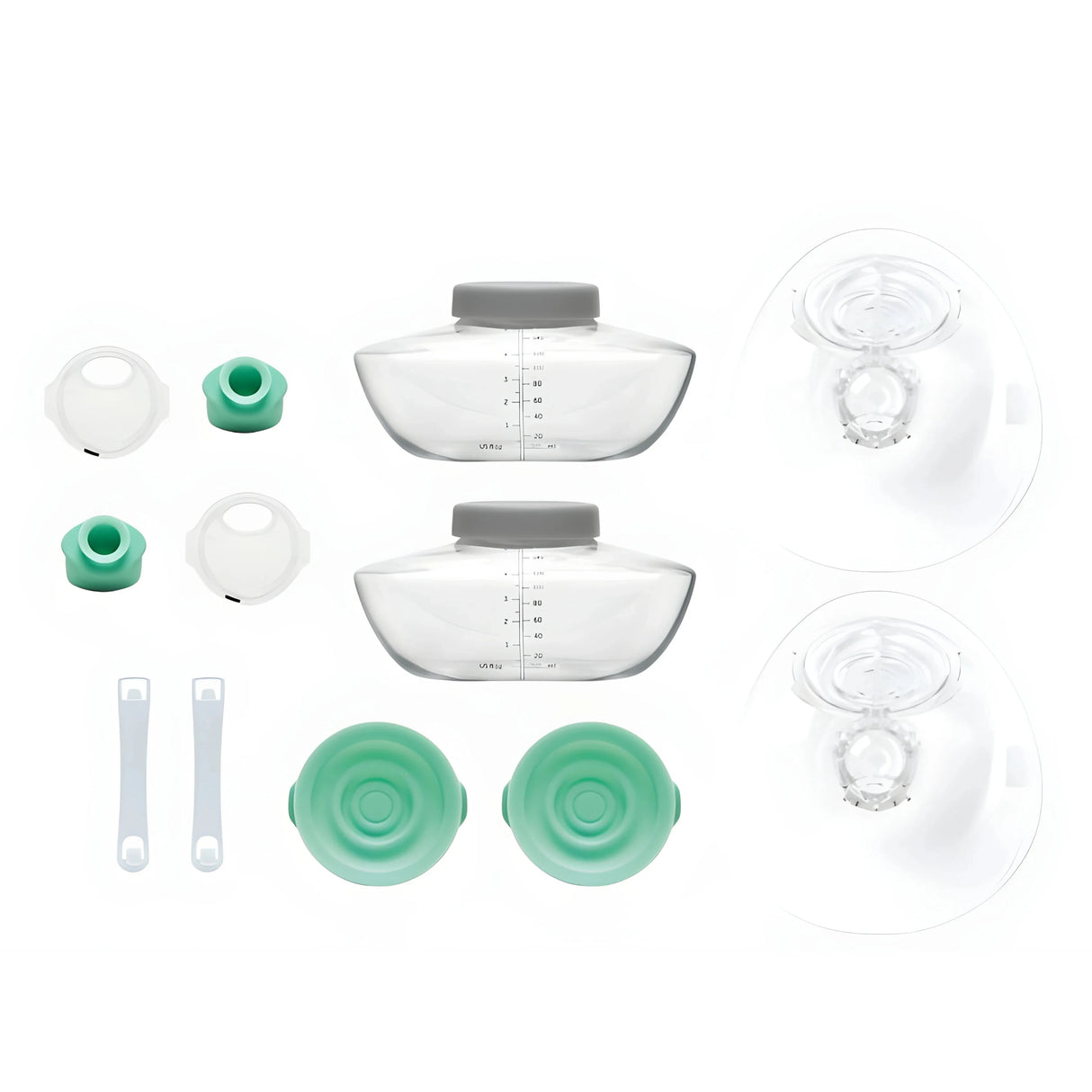 Innehållet i Elvie Pump Startkit Singel: brösttrattar, flaskor, pipar, ventiler, förseglingar och bh-justerare.